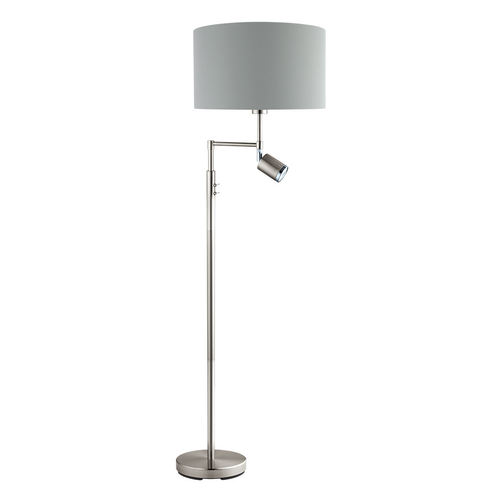 1x60W 1x6W Floor Lamp With Matte Nickel Finish & Grey Exterior & Silver Interior Shade