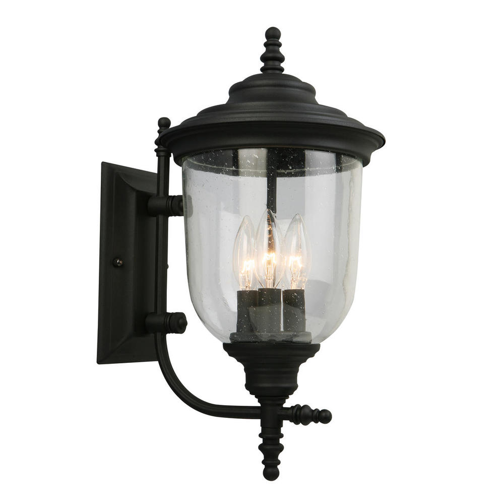 3x60W Outdoor Wall Light w/ Matte Black Finish and Clear Seeded Glass