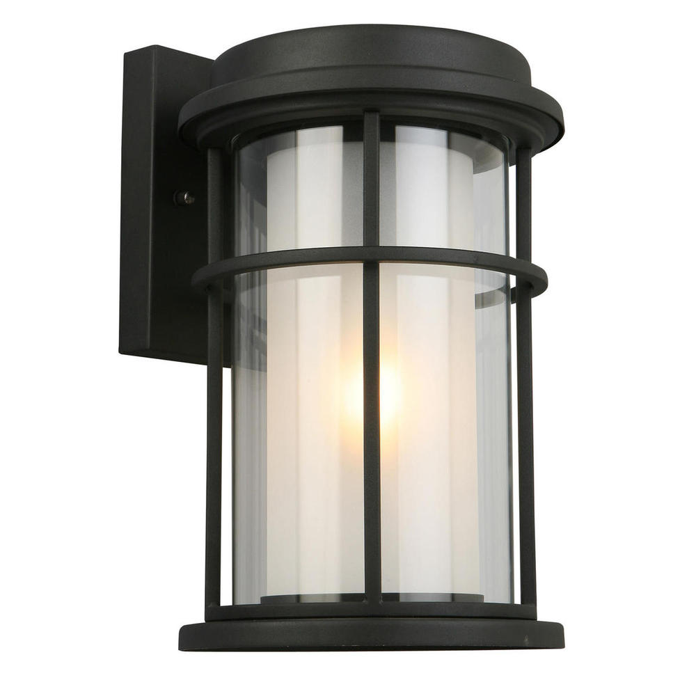 1x60W Outdoor Wall Light w/ MatteBlack Finish & Frosted Inner Glass surrounded by a Clear
