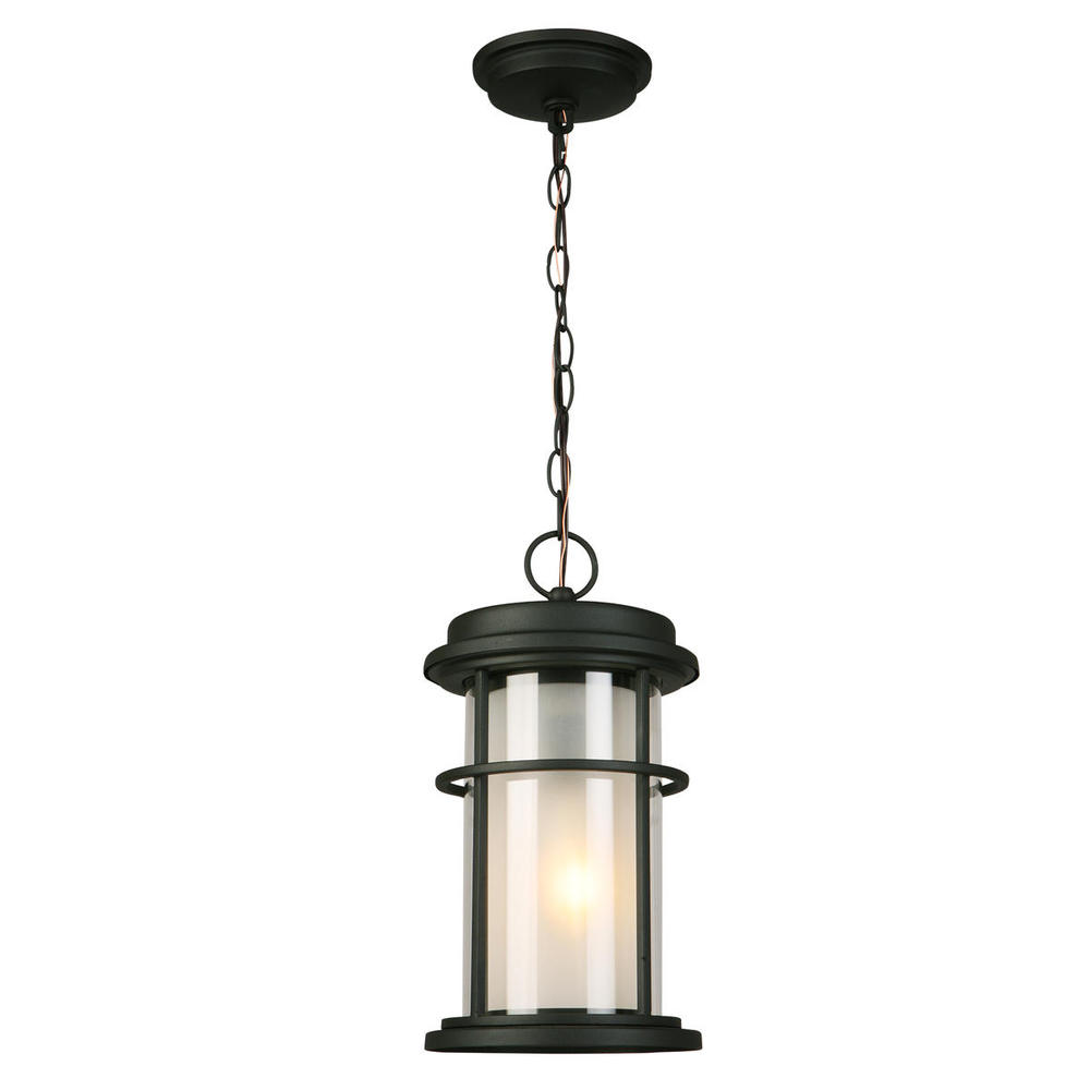 1x60W Outdoor Pendant w/ Matte Black Finish & Frosted Inner Glass surrounded by a Clear Ou