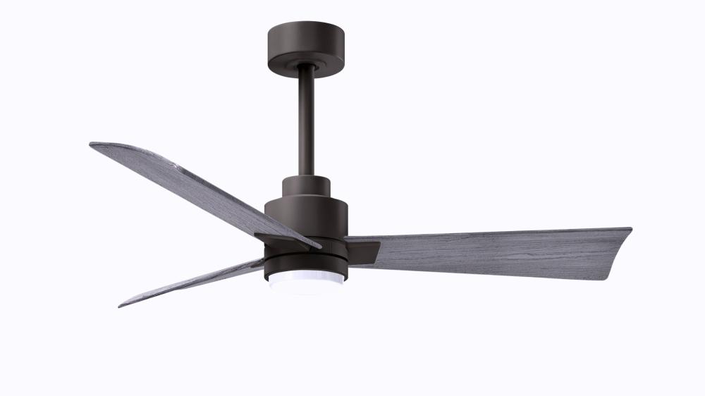 Alessandra 3-blade transitional ceiling fan in textured bronze finish with barnwood blades. Optimize