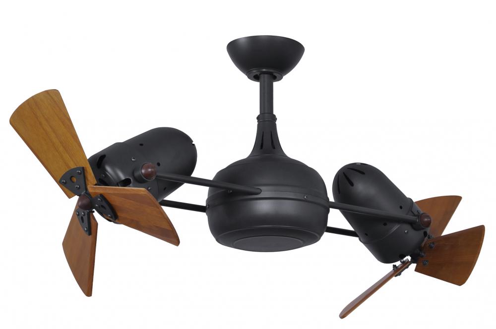 Dagny 360° double-headed rotational ceiling fan in Matte Black finish with solid mahogany tone wo