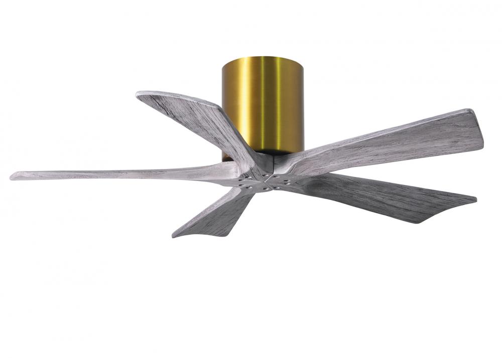 Irene-5H five-blade flush mount paddle fan in Brushed Brass finish with 42” solid barn wood tone
