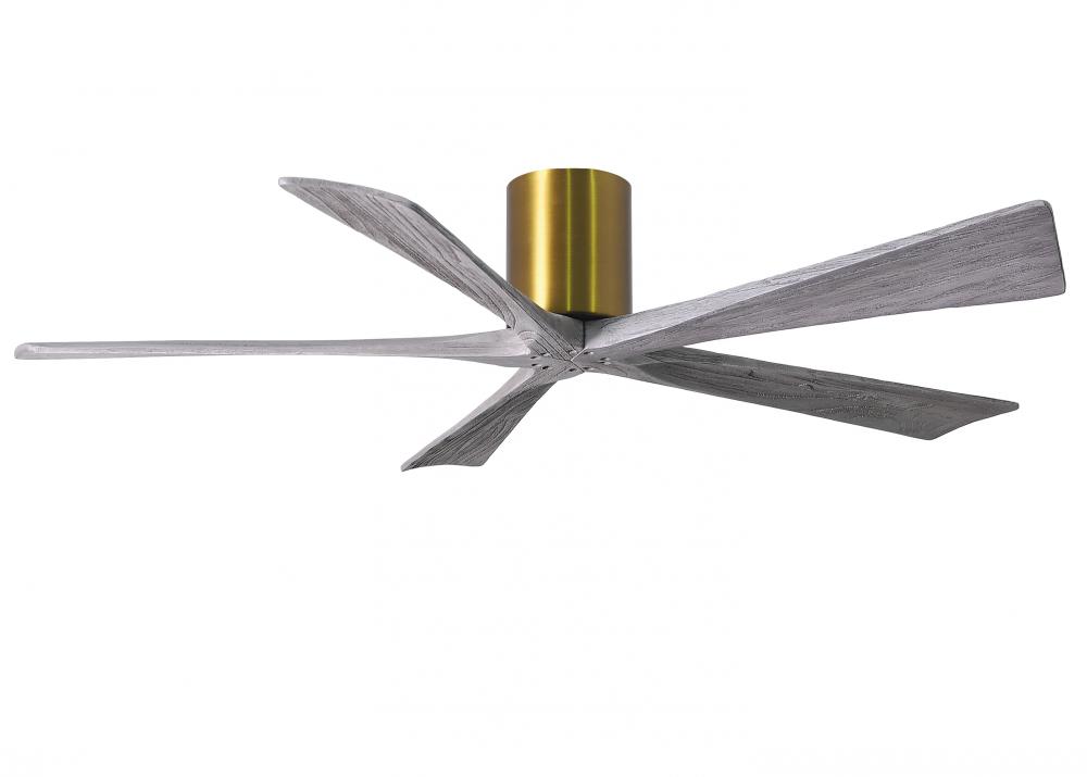 Irene-5H five-blade flush mount paddle fan in Brushed Brass finish with 60” solid barn wood tone