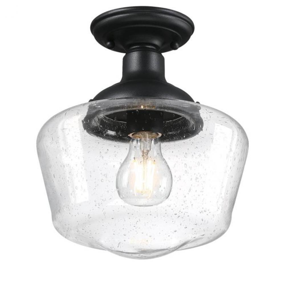 9 in. 1 Light Semi-Flush Textured Black Finish Clear Seeded Glass