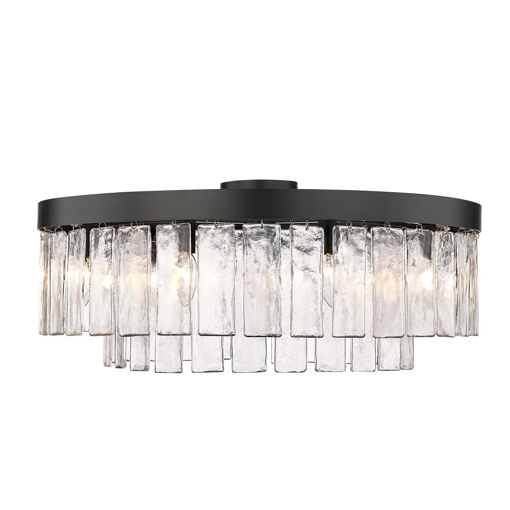 Ciara BLK 9 Light Semi-Flush in Matte Black with Hammered Water Glass Shade