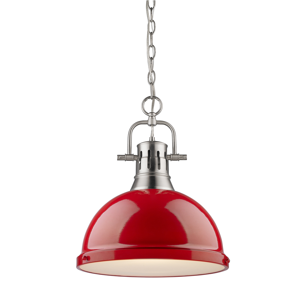 Duncan 1 Light Pendant with Chain in Pewter with a Red Shade