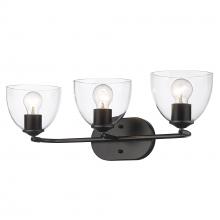 Golden 6958-BA3 BLK-BLK-CLR - Roxie 3 Light Bath Vanity in Matte Black with Matte Black Accents and Clear Glass Shade