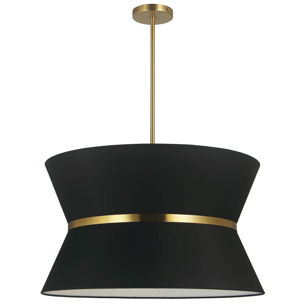 4 Light Incandescent Chandelier, Aged Brass with Gold Ring Black Shade