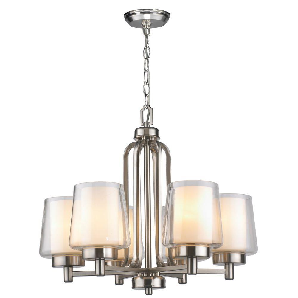 6-Light Brushed Nickel Chandelier with Glass in Glass Shade