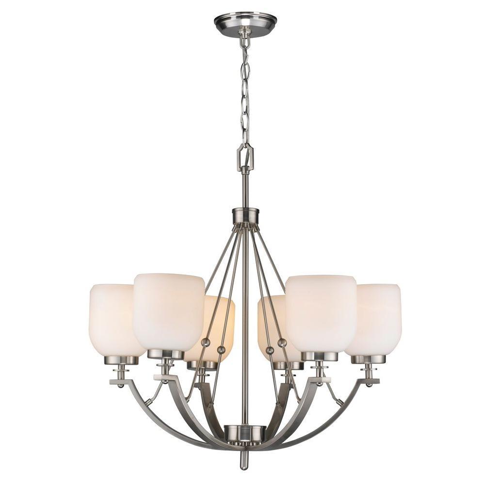 6-Light Brushed Nickel Chandelier with White Frosted Glass Shade