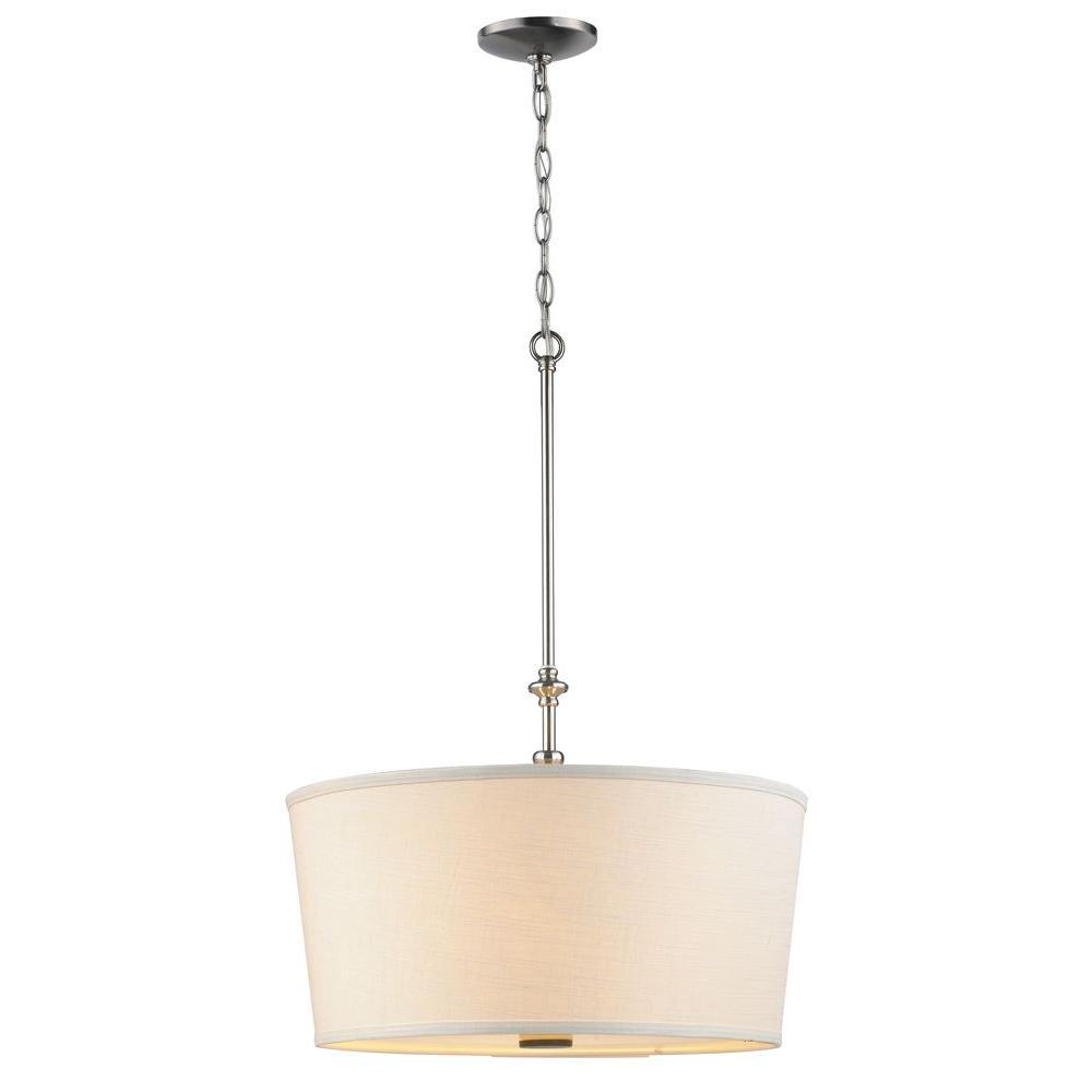 3-Light Brushed Nickel Pendant with White Linen Shade and Bottom Diffuser
