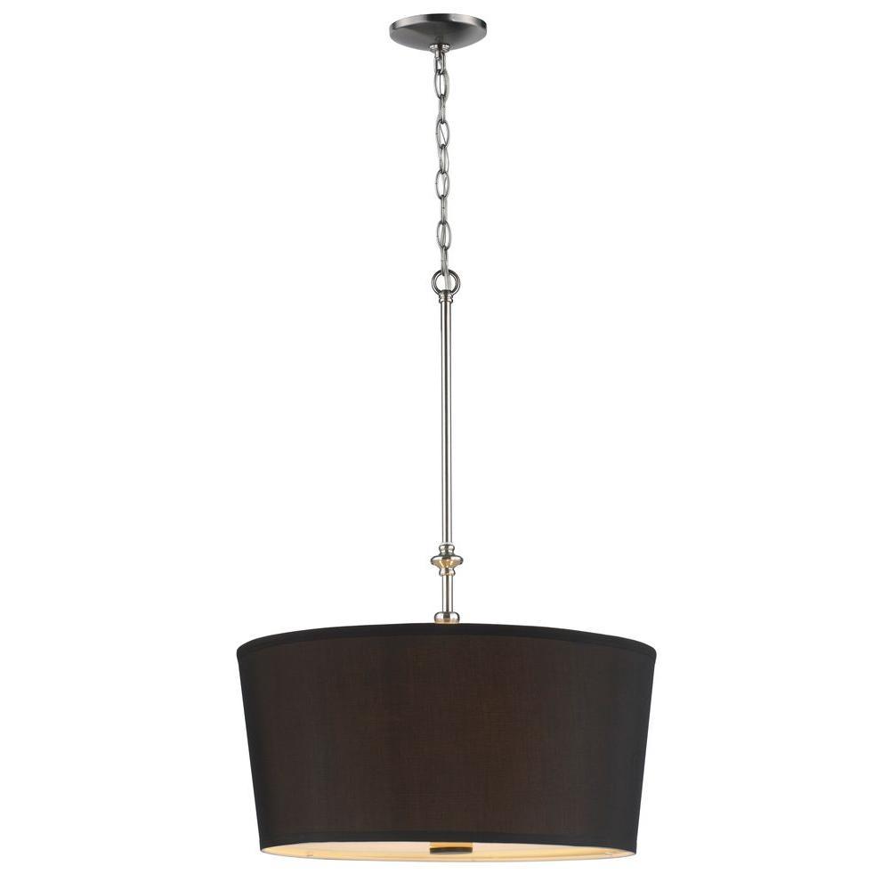3-Light Brushed Nickel Pendant with Black Fabric Shade and Bottom Diffuser