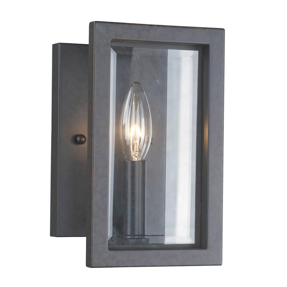 1-Light Oxide Bronze Sconce with Panel Glass Shade