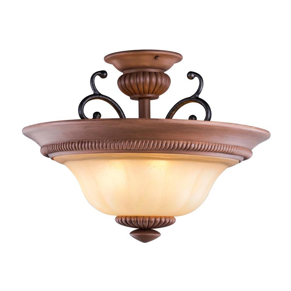 Elysia Collection 3-Light Antiqued Gold Semi-Flush Mount Light with Elegant Iridescent Amber Glass S
