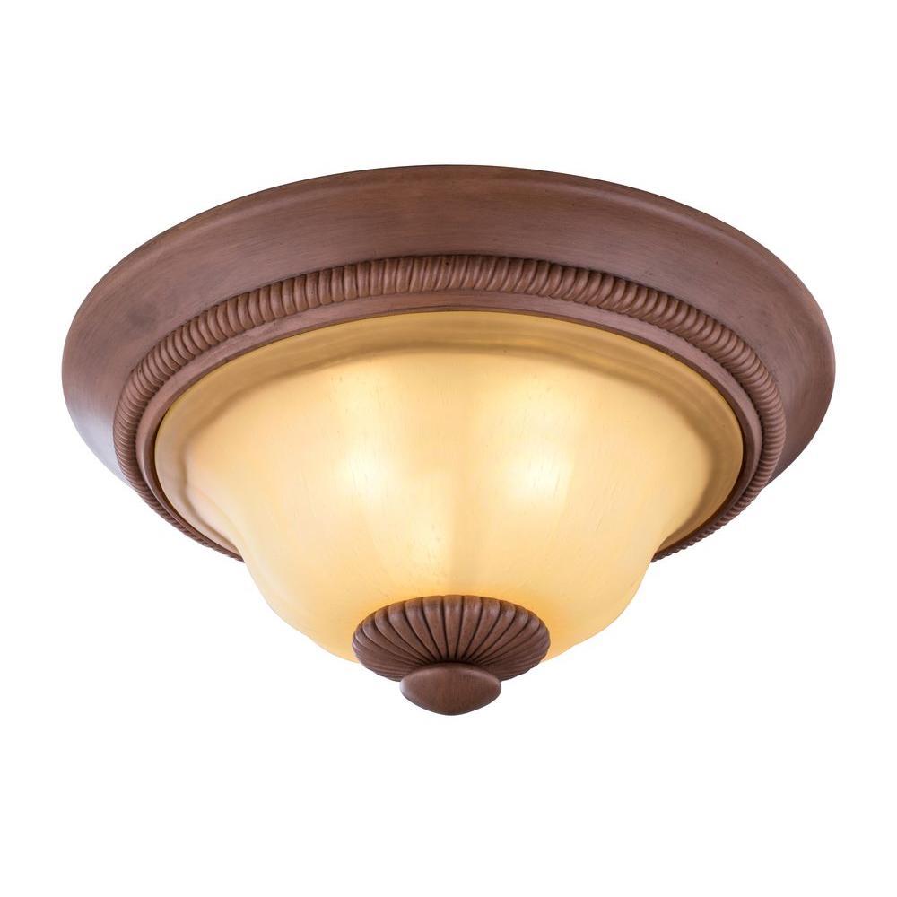 Elysia Collection 3-Light Antiqued Gold Flushmount with Elegant Iridescent Amber Glass Shade