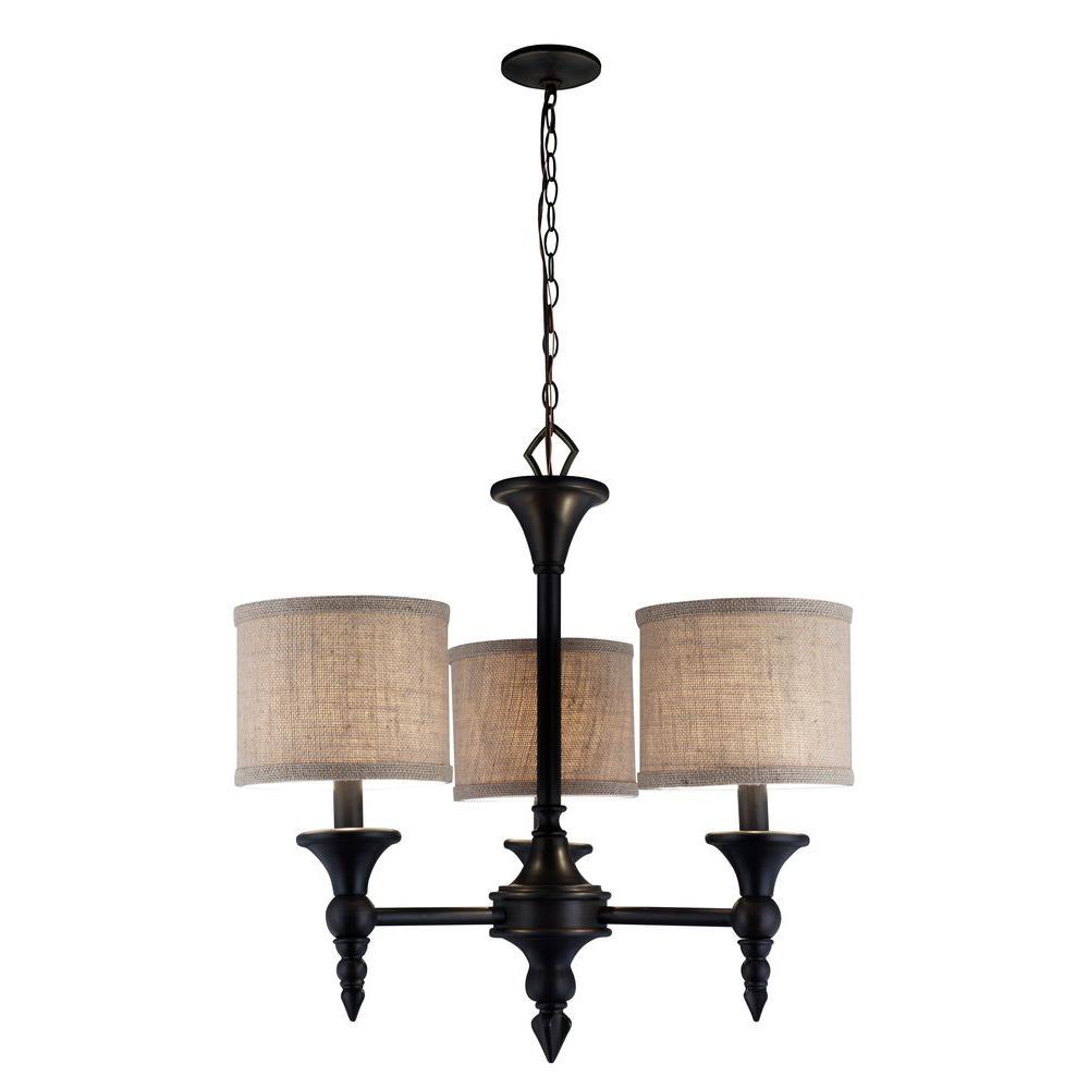 Jaxson Collection 3-Light Oil-Rubbed Bronze Chandelier with Crafty Burlap Fabric Shades