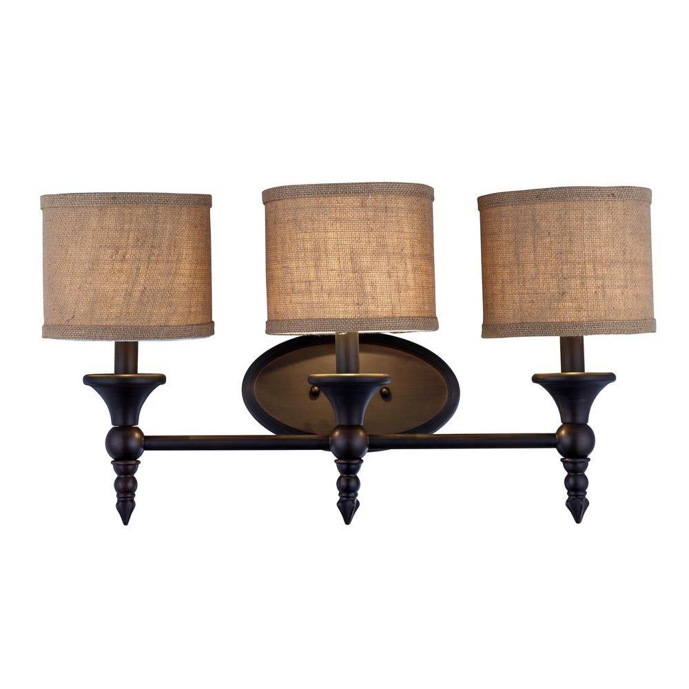 Jaxson Collection 3-Light Oil Rubbed Bronze Vanity Light with Burlap Fabric Shades