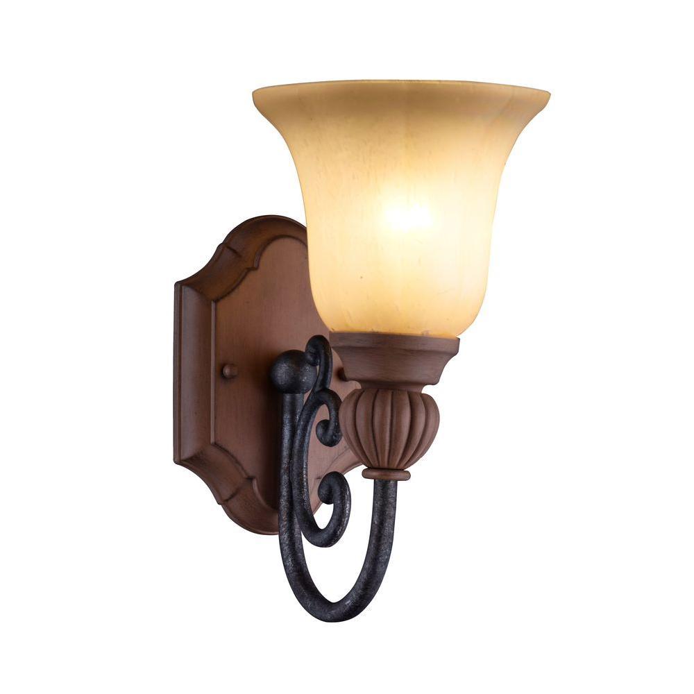 Elysia Collection Antiqued Gold Vanity Light with Elegant Iridescent Amber Glass Shade