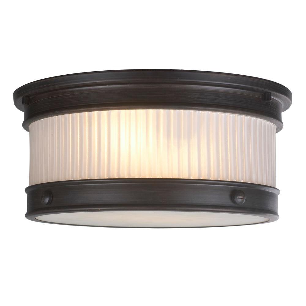 2-Light Oil-Rubbed Bronze Flushmount with Ribbed Glass Shade