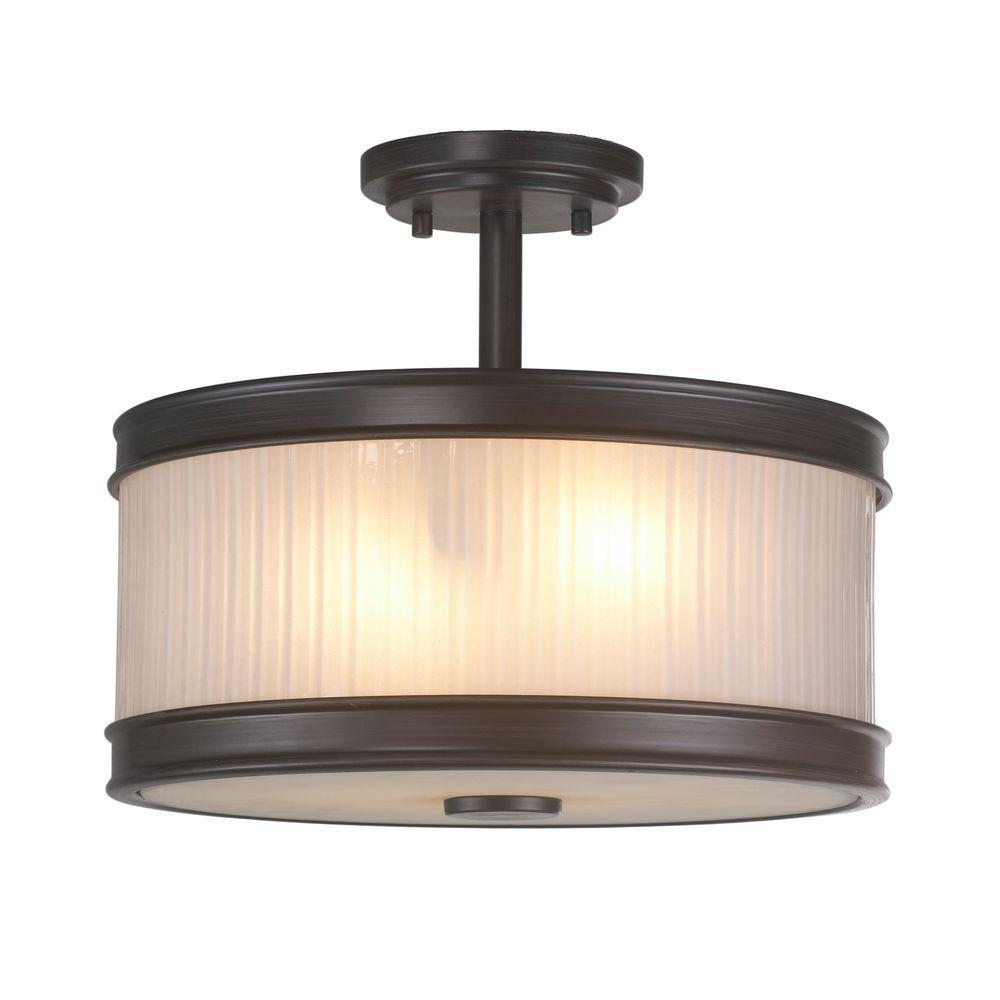 2-Light Oil-Rubbed Bronze Semi-Flush Mount Light with Ribbed Glass Shade