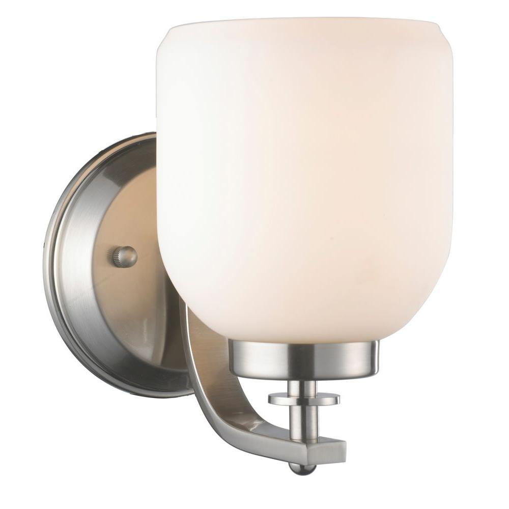 1-Light Brushed Nickel Sconce with White Frosted Glass Shade