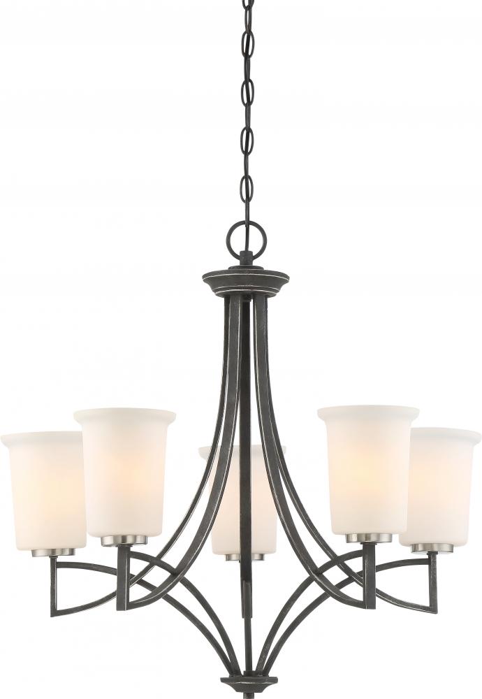 Chester - 5 Light Chandelier with White Glass - Iron Black with Brushed Nickel Accents