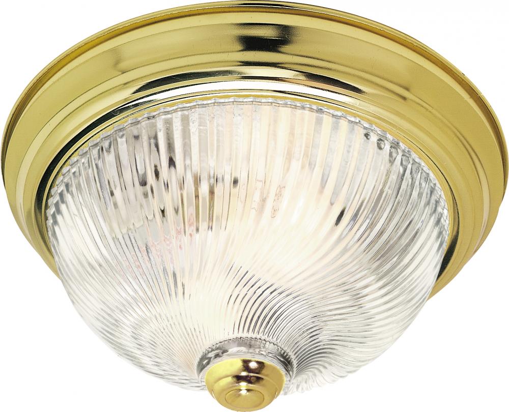2 Light - 11" Flush with Clear Ribbed Swirl Glass - Polished Brass Finish