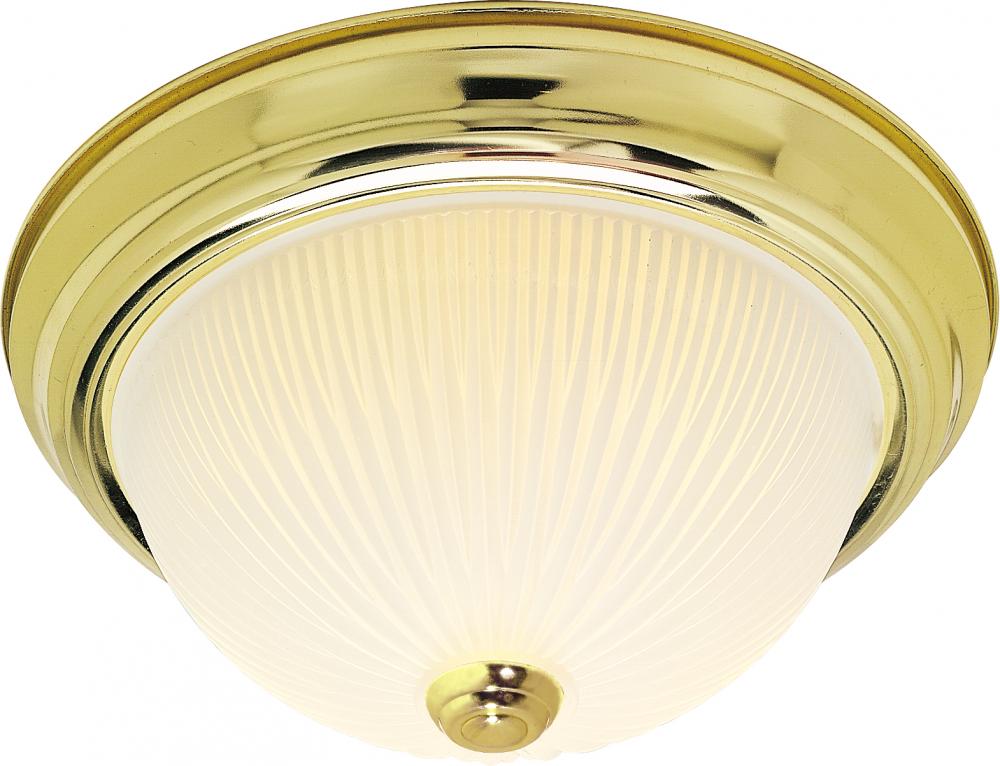 2 Light - 11" Flush with Frosted Ribbed - Polished Brass Finish